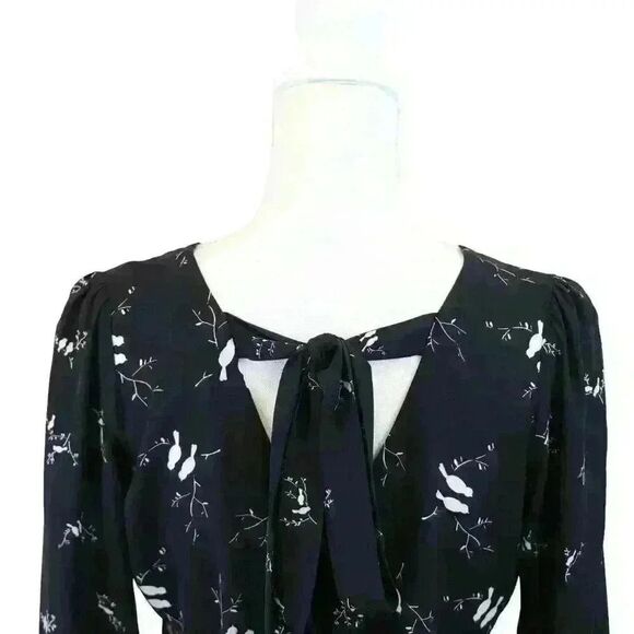 Ann Taylor LOFT Black Lovebirds Blouse V Neck Long Sleeve Sheer Tie Back Size XS - Picture 9 of 9